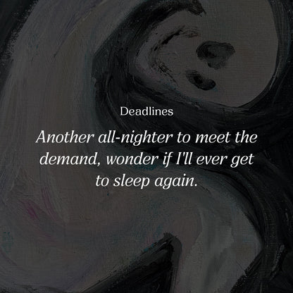 Artistic depiction of a face with swirling hair and text about deadlines on a dark background