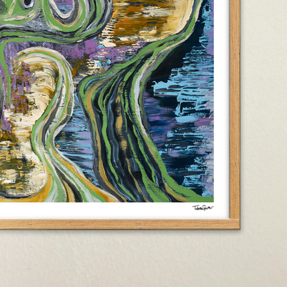 Large, abstract fine art print, Flowing Through Earth. Detail of the signed limited edition print in the bottom right corner.