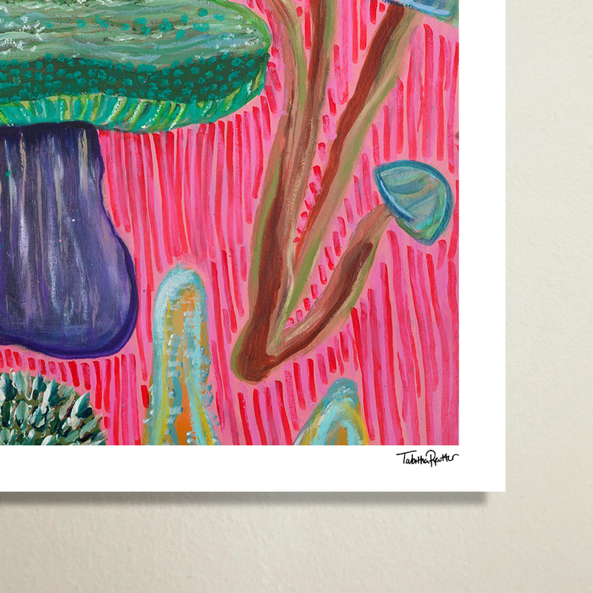 Large, abstract fine art print, Fun Fungi. Detail of the signed limited edition print in the bottom right corner.