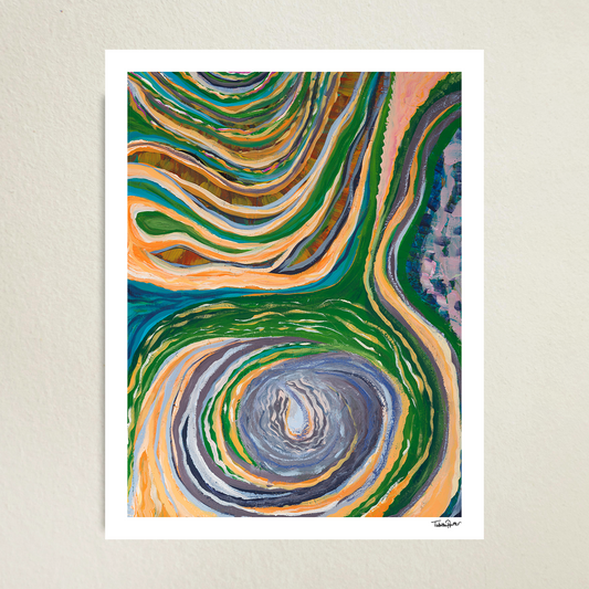 Large, abstract fine art print, The Never-Ending Spiral, against a gray surface. The dramatic composition of a radial spiral at the bottom and receding texture at the top collide to make a dynamic appearance. Bold colors of orange, green, and purple. A white border and the artist's signature are included on the limited edition print.