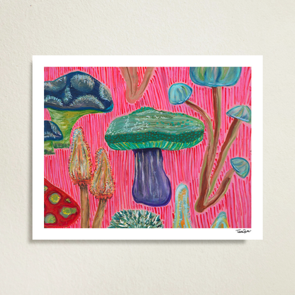 Large, abstract fine art print, Fun Fungi, against a gray surface. Abstract artwork features whimsical mushrooms in vibrant colors, combining playful design with organic textures. The print is signed in black ink at the bottom right corner. 