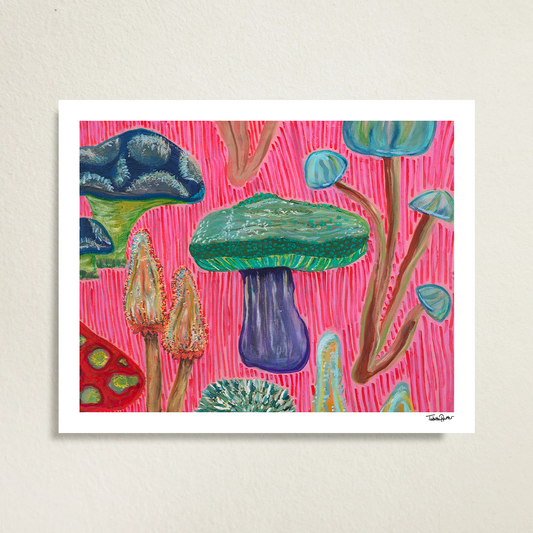 Large, abstract fine art print, Fun Fungi, against a gray surface. Abstract artwork features whimsical mushrooms in vibrant colors, combining playful design with organic textures. The print is signed in black ink at the bottom right corner. 