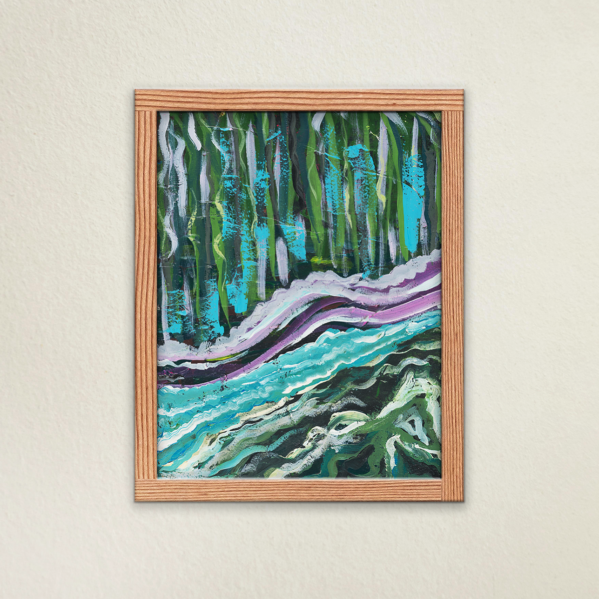 By the Water abstract fine art print in a wooden frame. Hanging on a beige wall. Streaks of green and blue collide vertically against one another in a vibrant display of hues. 