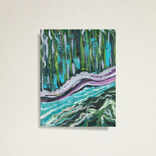 Limited edition fine art print, By the Water on a gray background. Fine art print has blue abstract strokes and a lavender wavy texture. The artwork resembles nature and calmness.