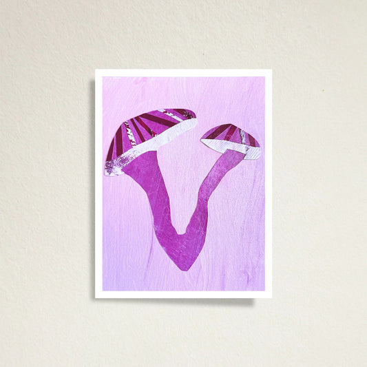 Mycelium, My Choice fine art print on gray background. Artwork has a slim white border, a pink background, and features a pink mushroom with two caps. The mushroom is vibrant and references a cervix. Hinting at women’s autonomy.