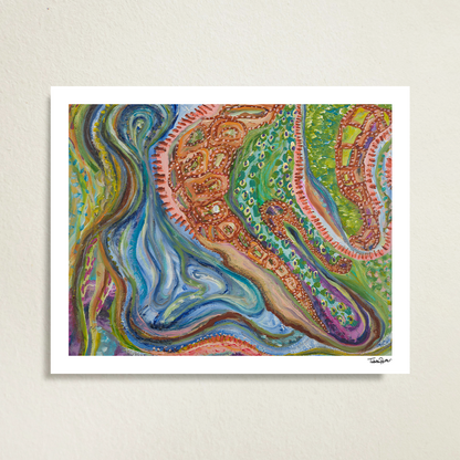 Sitting with Thoughts fine art print on gray background. The mixed media artwork is maximalist and multicolored. Blue and orange stand out among the rest of the vibrant colors. The print has a white border and is signed in the bottom right corner.