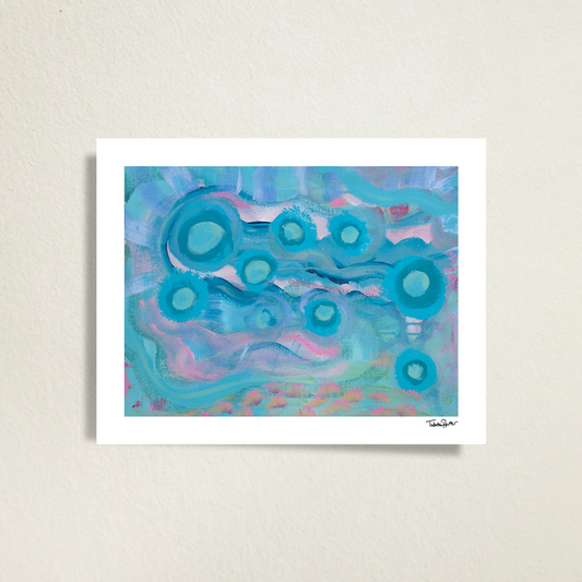 Your Weird is Glowing, a fine art limited edition print on a gray background. The mixed media artwork features baby blue and pink colors. Vibrant, bold colors intermingle, creating a whimsical effect. The fine art print has a white border and is signed in the bottom right corner.