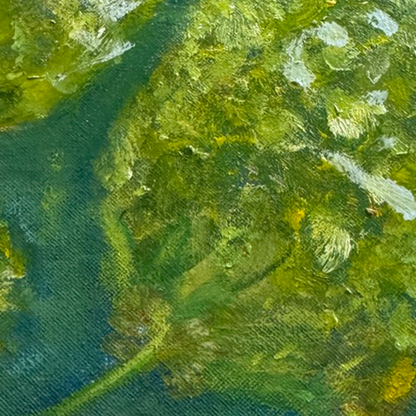Close up shot. Abstract mixed media painting titled Togetherness, featuring two large yellow flowers with a smaller flower nestled between them. The petals appear to drift and float through the air, set against a painterly green and blue background. The 8x10 canvas artwork evokes connection and harmony with vibrant, expressive brushwork.